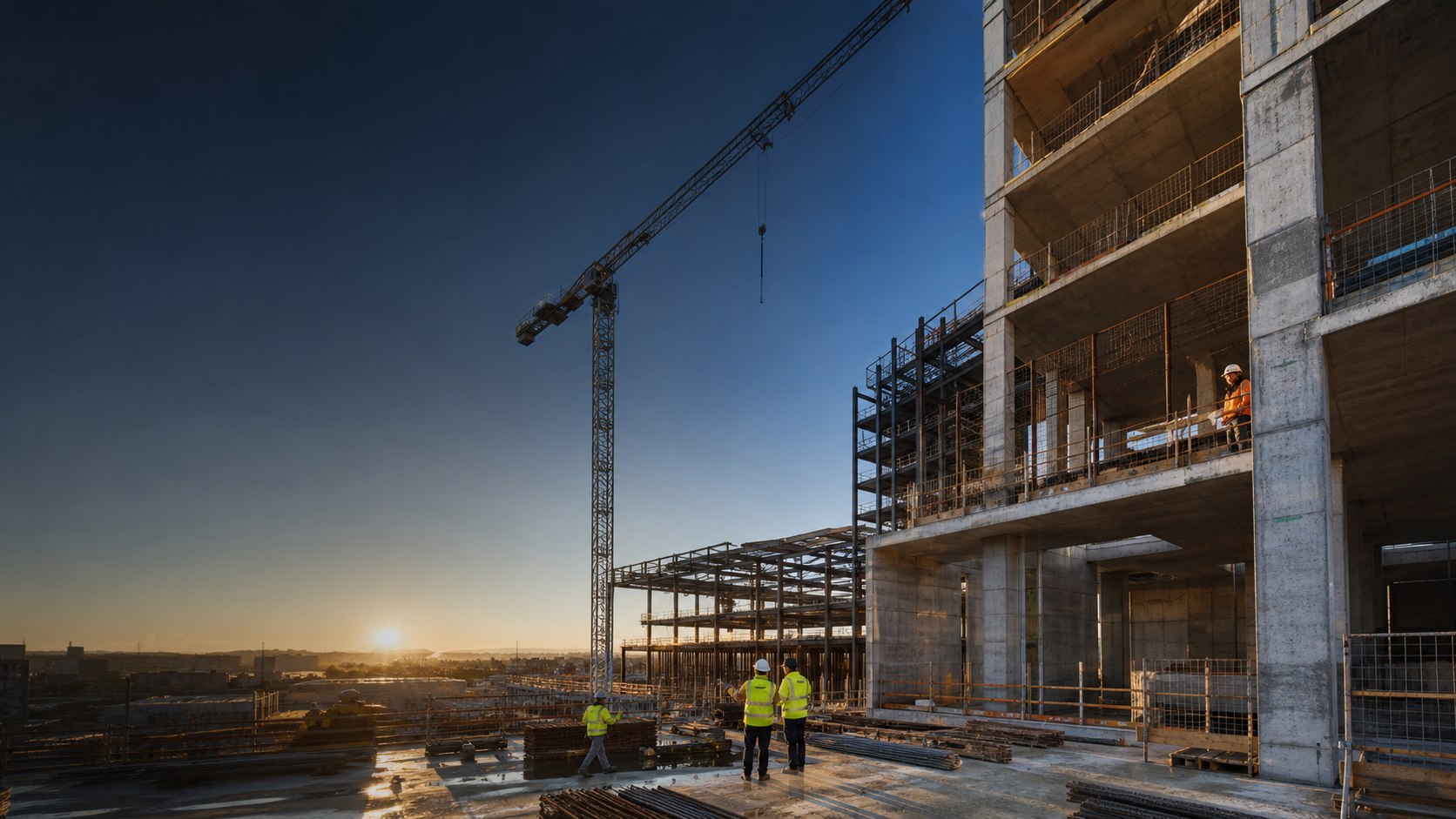 Tower crane and a construction site at sunset