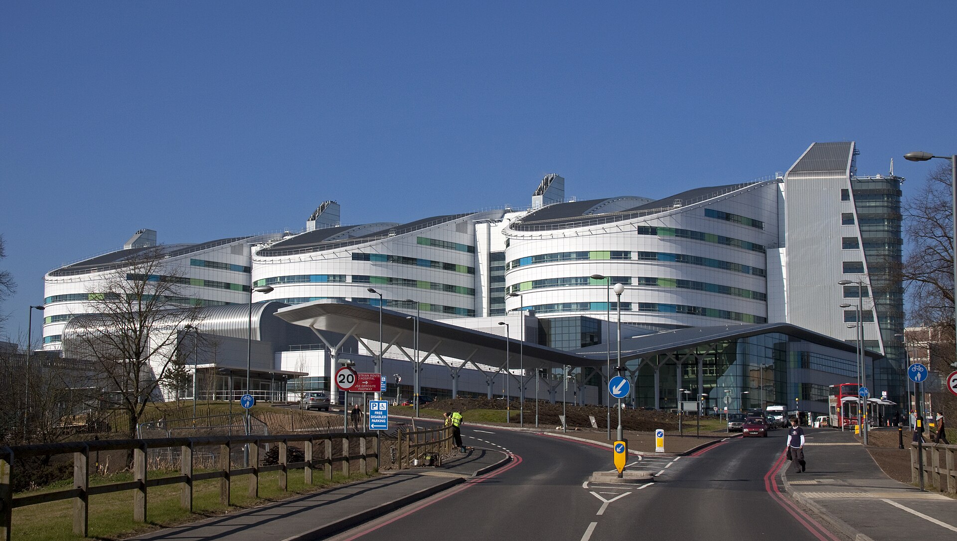 Wide exterior view of Queen Elizabeth Hospital Birmingham
